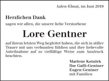 Traueranzeige von Lore Gentner von Schwäbische Post