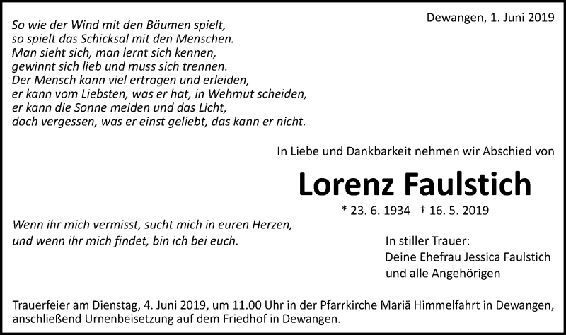  Traueranzeige für Lorenz Faulstich vom 01.06.2019 aus Schwäbische Post