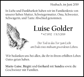 Traueranzeige von Luise Golder von Gmünder Tagespost