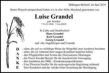 Traueranzeige von Luise Grandel von Gmünder Tagespost