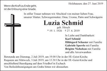 Traueranzeige von Luzia Schmid von Gmünder Tagespost