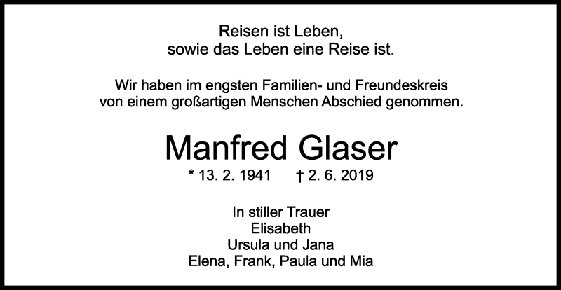  Traueranzeige für Manfred Glaser vom 13.06.2019 aus Gmünder Tagespost