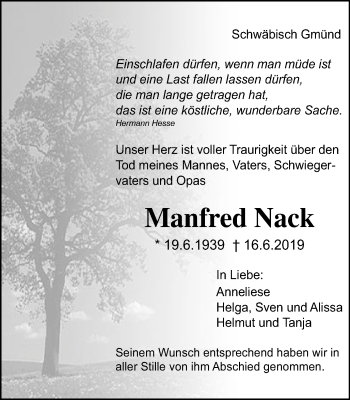 Traueranzeige von Manfred Nack von Gmünder Tagespost