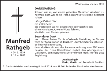 Traueranzeige von Manfred Rathgeb von Schwäbische Post
