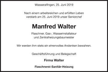 Traueranzeige von Manfred Walter von Schwäbische Post