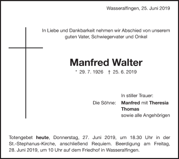 Traueranzeige von Manfred Walter von Schwäbische Post
