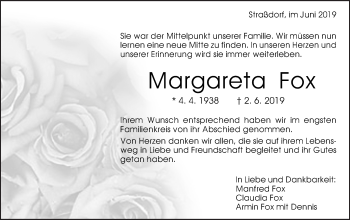 Traueranzeige von Margareta Fox von Gmünder Tagespost