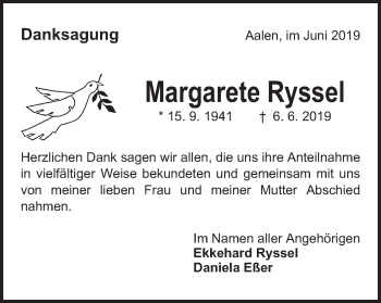 Traueranzeige von Margarete Ryssel von Schwäbische Post