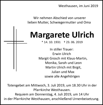 Traueranzeige von Margarete Ulrich von Schwäbische Post