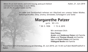 Traueranzeige von Margarethe Patzer von Schwäbische Post