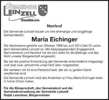 Traueranzeige von Maria Eichinger von Gmünder Tagespost