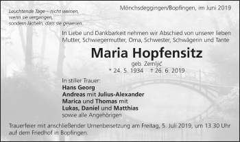 Traueranzeige von Maria Hopfensitz von Schwäbische Post