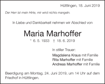 Traueranzeige von Maria Marhoffer von Schwäbische Post
