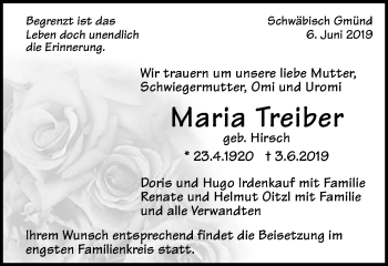 Traueranzeige von Maria Treiber von Gmünder Tagespost
