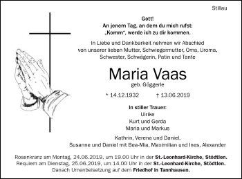 Traueranzeige von Maria Vaas von Schwäbische Post