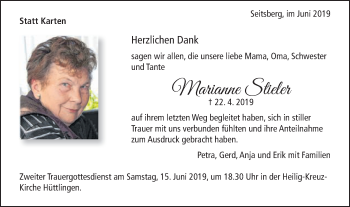 Traueranzeige von Marianne Stieler von Schwäbische Post