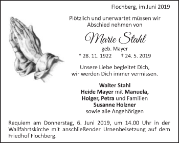 Traueranzeige von Marie Stahl von Schwäbische Post