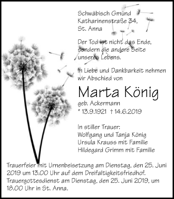 Traueranzeige von Marta König von Gmünder Tagespost