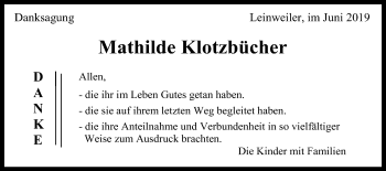 Traueranzeige von Mathilde Klotzbücher von Gmünder Tagespost