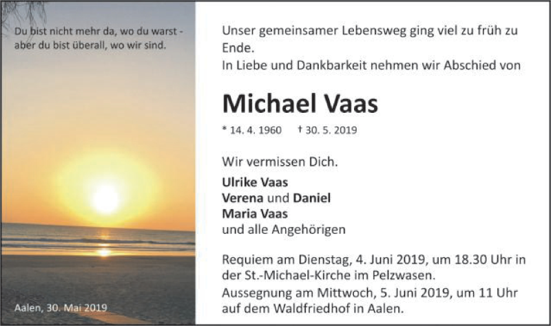  Traueranzeige für Michael Vaas vom 01.06.2019 aus Schwäbische Post