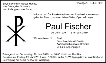 Traueranzeige von Paul Fischer von Schwäbische Post