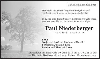 Traueranzeige von Paul Niederberger von Gmünder Tagespost