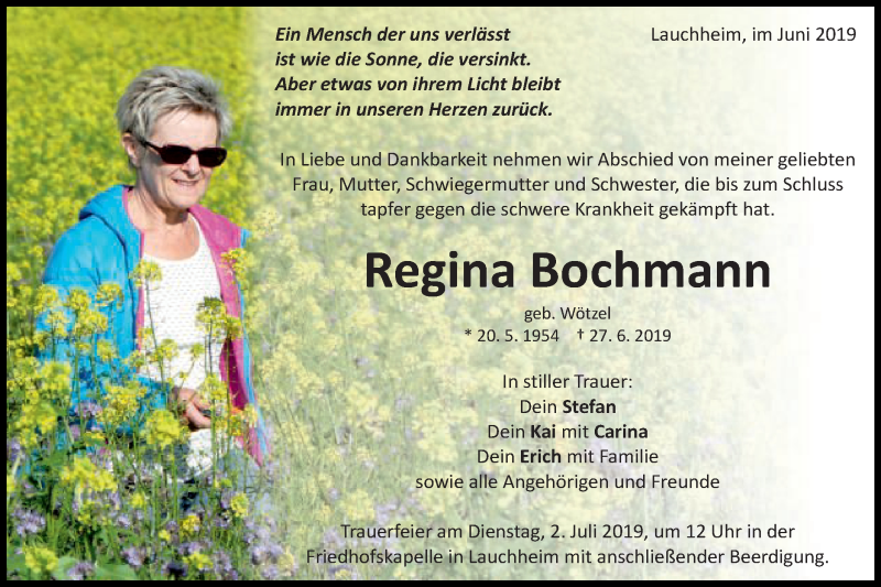  Traueranzeige für Regina Bochmann vom 29.06.2019 aus Schwäbische Post