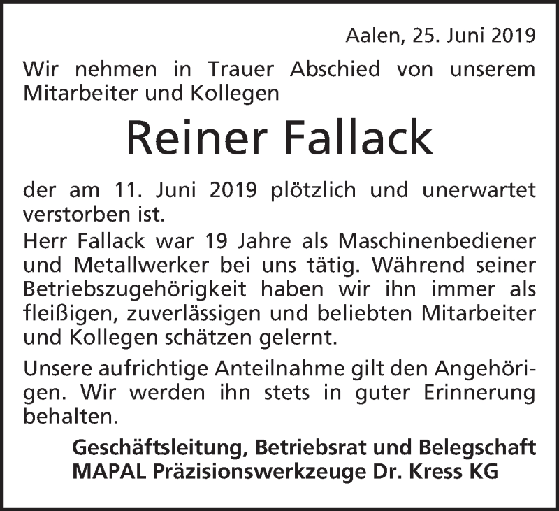  Traueranzeige für Reiner Fallack vom 25.06.2019 aus Schwäbische Post