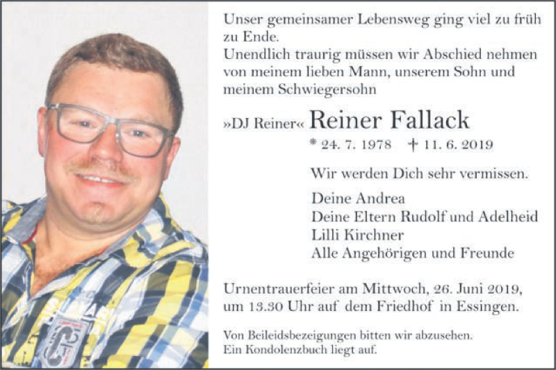  Traueranzeige für Reiner Fallack vom 22.06.2019 aus Schwäbische Post
