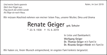 Traueranzeige von Renate Geiger von Schwäbische Post