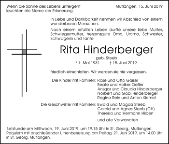 Traueranzeige von Rita Hinderberger von Gmünder Tagespost