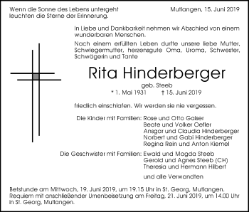 Traueranzeige von Rita Hinderberger