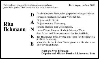 Traueranzeige von Rita Ilchmann von Gmünder Tagespost