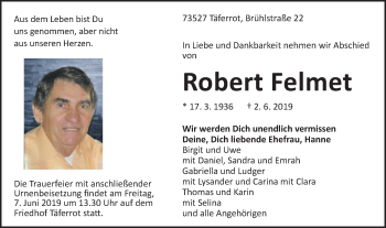 Traueranzeige von Robert Felmet von Gmünder Tagespost