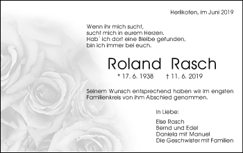 Traueranzeige von Roland Rasch von Gmünder Tagespost