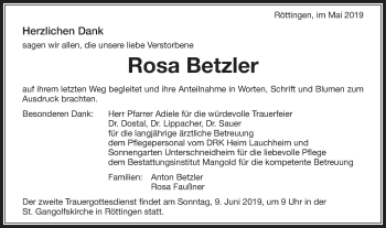 Traueranzeige von Rosa Betzler von Schwäbische Post