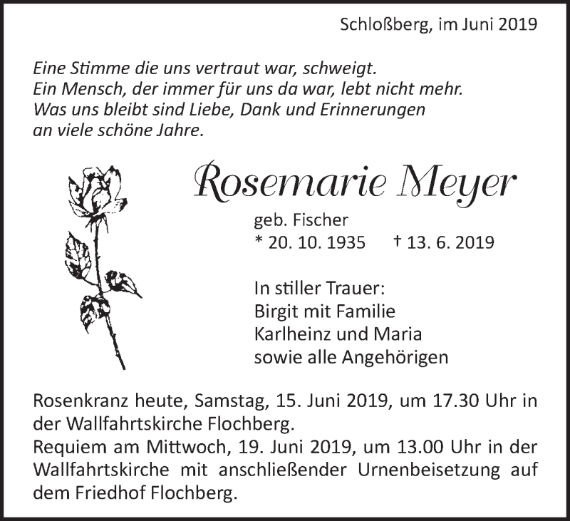  Traueranzeige für Rosemarie Meyer vom 15.06.2019 aus Schwäbische Post