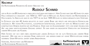 Traueranzeige von Rudolf Schmid von Gmünder Tagespost