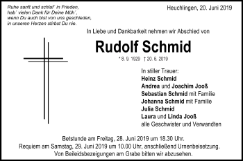 Traueranzeige von Rudolf Schmid von Gmünder Tagespost