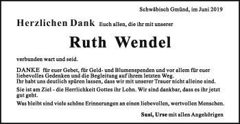 Traueranzeige von Ruth Wendel von Gmünder Tagespost
