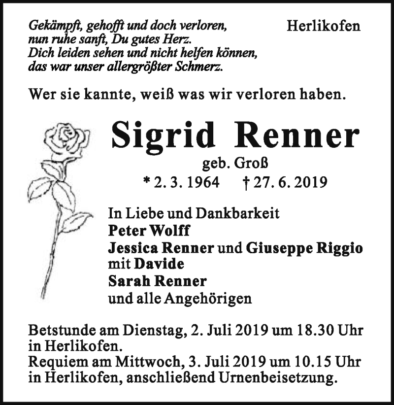  Traueranzeige für Sigrid Renner vom 29.06.2019 aus Gmünder Tagespost
