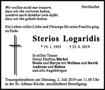 Traueranzeige von Sterios Logaridis von Gmünder Tagespost