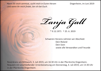 Traueranzeige von Tanja Gall von Schwäbische Post
