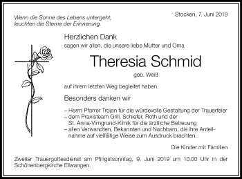 Traueranzeige von Theresia Schmid von Schwäbische Post