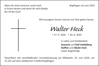 Traueranzeige von Walter Heck von Schwäbische Post