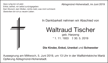Traueranzeige von Waltraud Tischer von Schwäbische Post