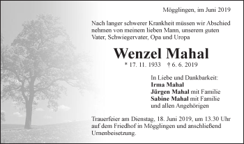 Traueranzeige von Wenzel Mahal von Gmünder Tagespost
