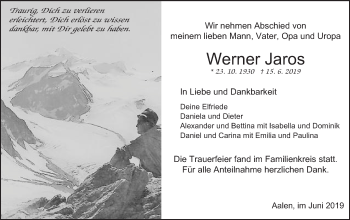 Traueranzeige von Werner Jaros von Schwäbische Post