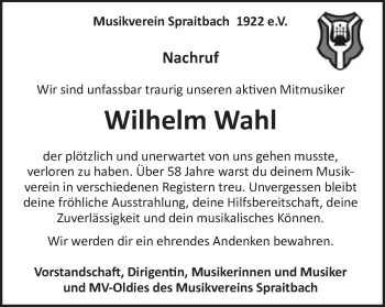 Traueranzeige von Wilhelm Wahl von Gmünder Tagespost