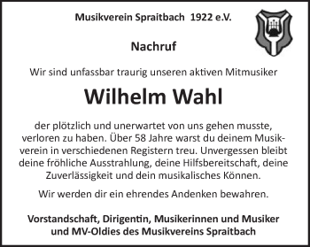 Traueranzeige von Wilhelm Wahl